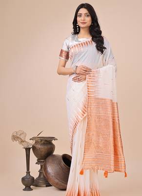White woven linen silk blend saree with metallic striped border 1