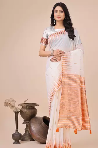 White woven linen silk blend saree with metallic striped border