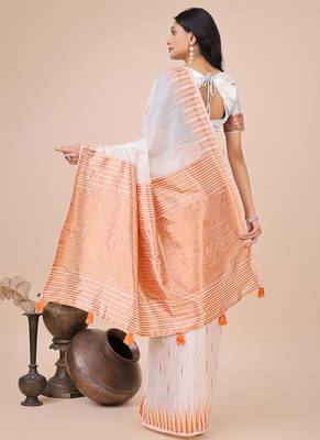 White woven linen silk blend saree with metallic striped border 2