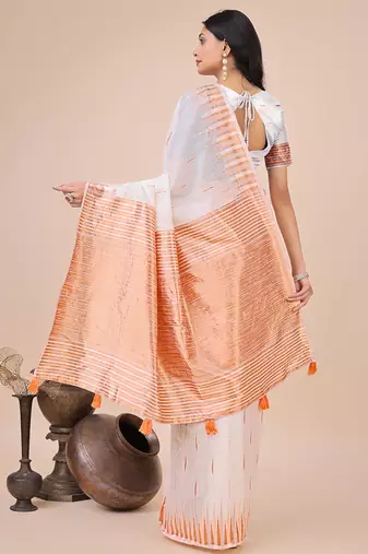 White woven linen silk blend saree with metallic striped border