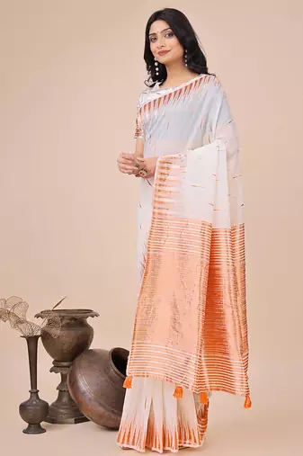 White woven linen silk blend saree with metallic striped border