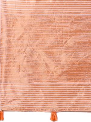 White woven linen silk blend saree with metallic striped border 4