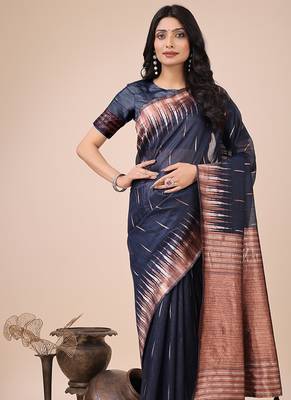 Navy blue woven linen silk blend saree with metallic striped border 1