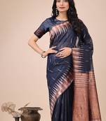 Navy blue woven linen silk blend saree with metallic striped border