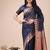 Navy blue woven linen silk blend saree with metallic striped border