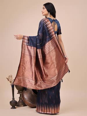 Navy blue woven linen silk blend saree with metallic striped border 2