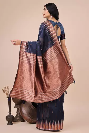 Navy blue woven linen silk blend saree with metallic striped border