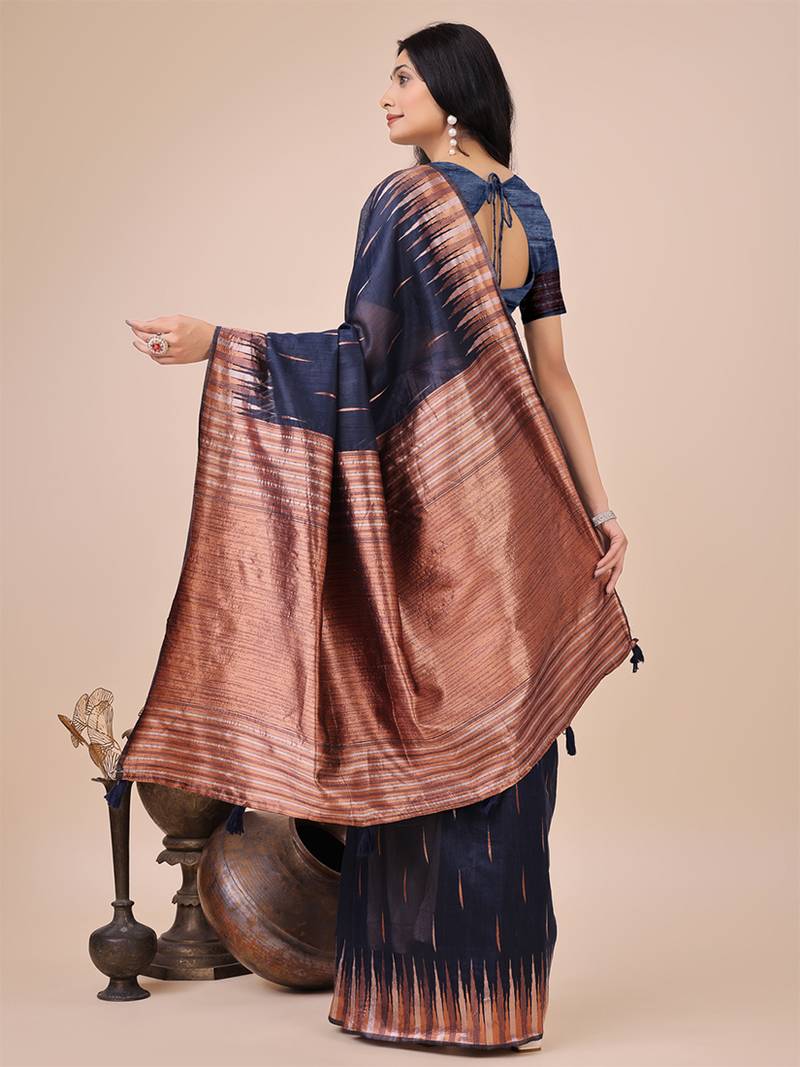 Navy blue woven linen silk blend saree with metallic striped border
