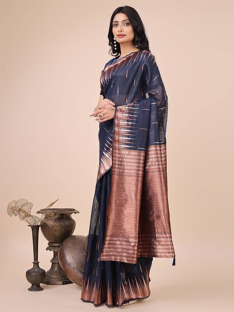 Navy blue woven linen silk blend saree with metallic striped border