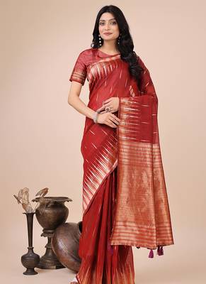 Red woven linen silk blend saree with metallic striped border 1