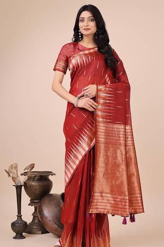 Red woven linen silk blend saree with metallic striped border