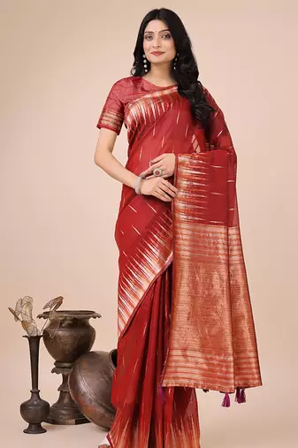 Red woven linen silk blend saree with metallic striped border