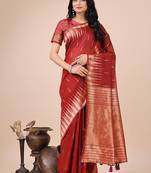 Red woven linen silk blend saree with metallic striped border
