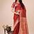 Red woven linen silk blend saree with metallic striped border