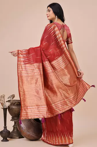 Red woven linen silk blend saree with metallic striped border