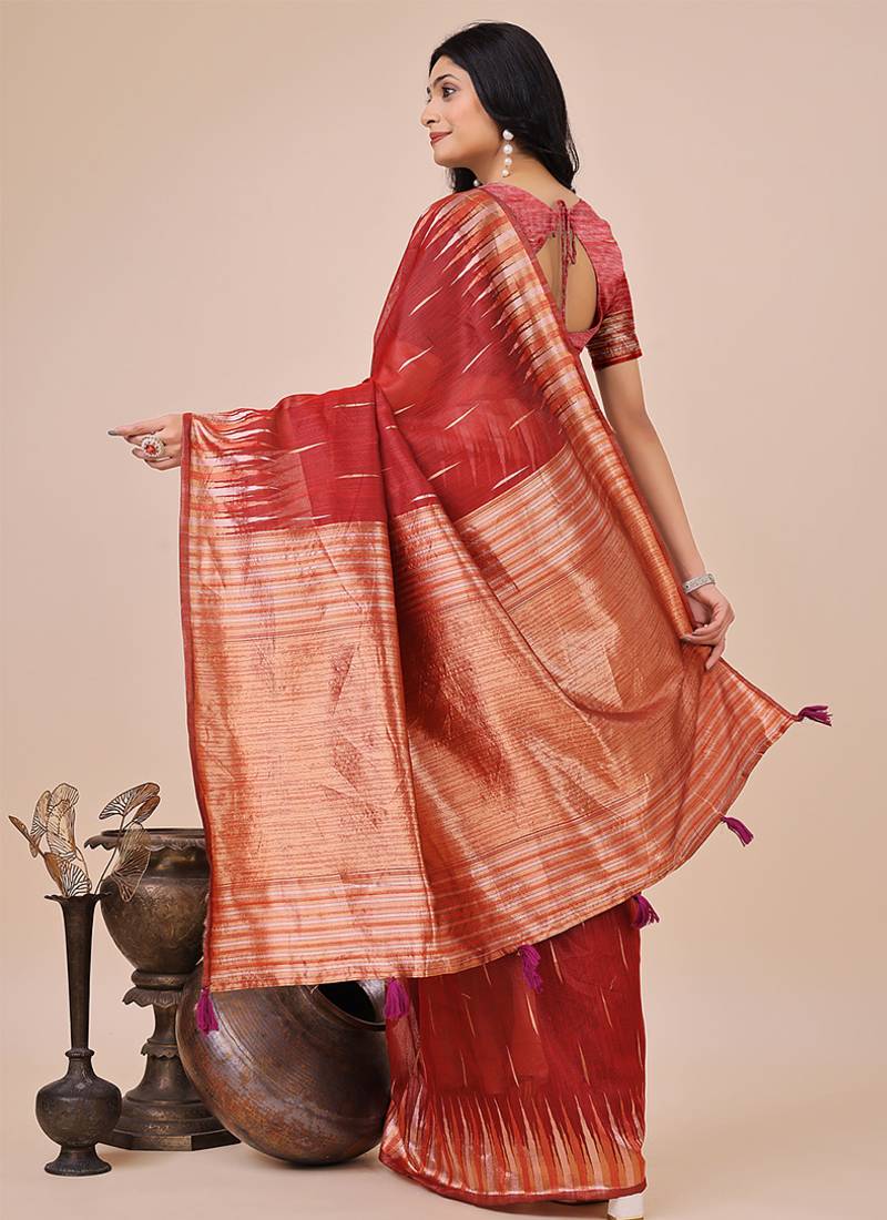 Red woven linen silk blend saree with metallic striped border