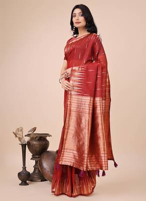 Red woven linen silk blend saree with metallic striped border 3