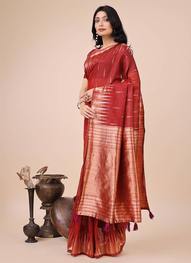Red woven linen silk blend saree with metallic striped border