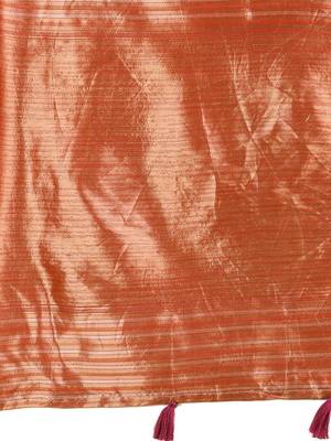 Red woven linen silk blend saree with metallic striped border 4