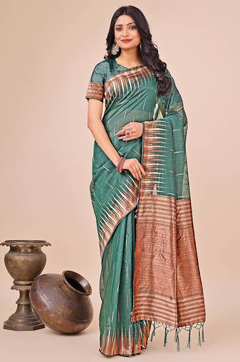 Teal green woven linen silk blend saree with metallic striped border