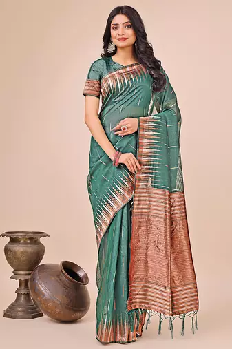 Teal green woven linen silk blend saree with metallic striped border