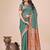 Teal green woven linen silk blend saree with metallic striped border