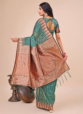Teal green woven linen silk blend saree with metallic striped border 2