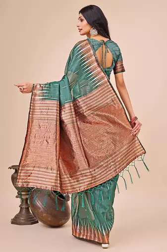 Teal green woven linen silk blend saree with metallic striped border