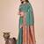 Teal green woven linen silk blend saree with metallic striped border