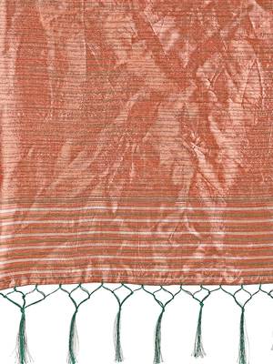 Teal green woven linen silk blend saree with metallic striped border 4