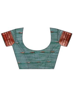 Teal green woven linen silk blend saree with metallic striped border 5