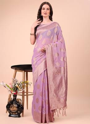 Lilac cotton silk blend saree with gold zari buti 1