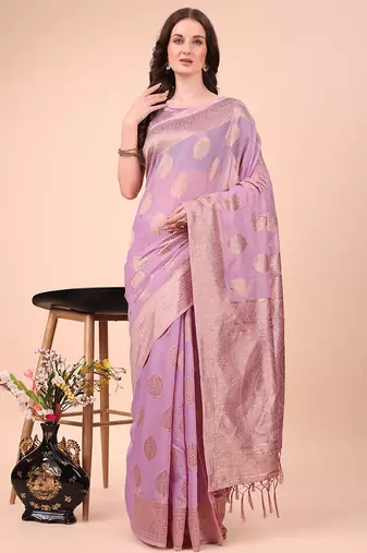 Lilac cotton silk blend saree with gold zari buti
