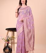 Lilac cotton silk blend saree with gold zari buti