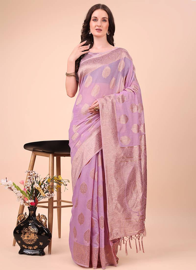 Lilac cotton silk blend saree with gold zari buti