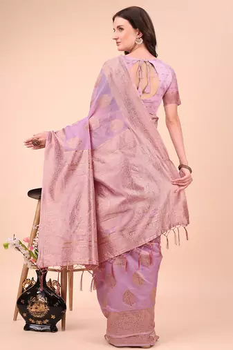 Lilac cotton silk blend saree with gold zari buti
