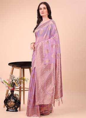 Lilac cotton silk blend saree with gold zari buti 3