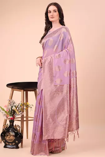 Lilac cotton silk blend saree with gold zari buti