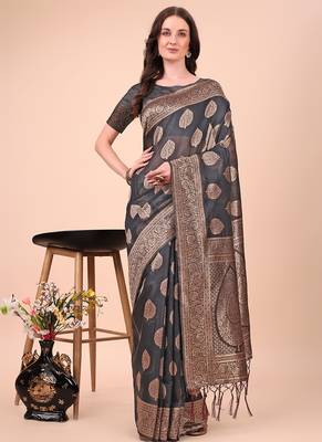 Black cotton silk blend saree with gold zari buti 1
