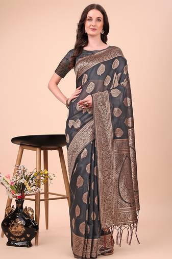 Black cotton silk blend saree with gold zari buti