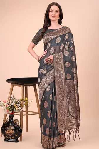 Black cotton silk blend saree with gold zari buti