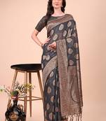 Black cotton silk blend saree with gold zari buti