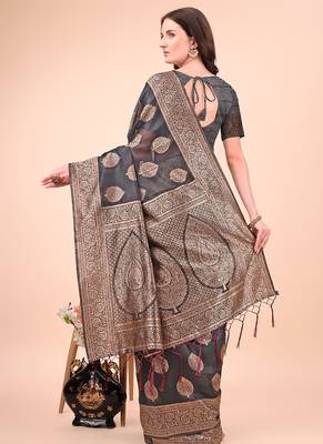 Black cotton silk blend saree with gold zari buti 2