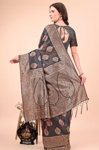 Black cotton silk blend saree with gold zari buti