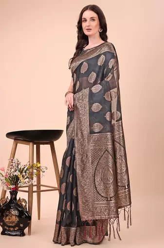 Black cotton silk blend saree with gold zari buti