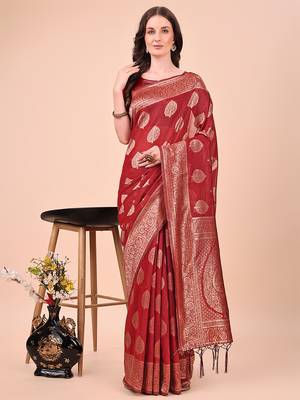 Red cotton silk blend saree with gold zari buti 1