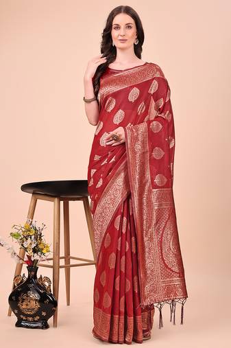 Red cotton silk blend saree with gold zari buti