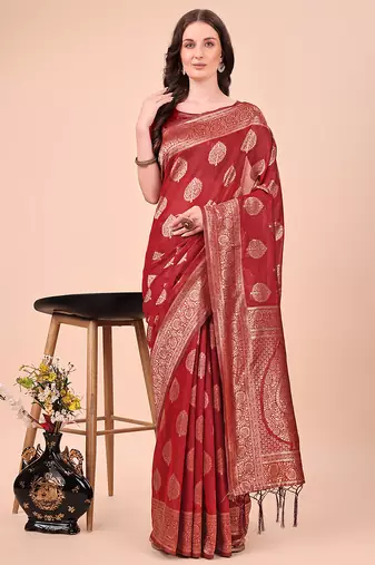 Red cotton silk blend saree with gold zari buti