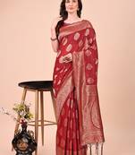 Red cotton silk blend saree with gold zari buti
