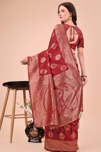 Red cotton silk blend saree with gold zari buti